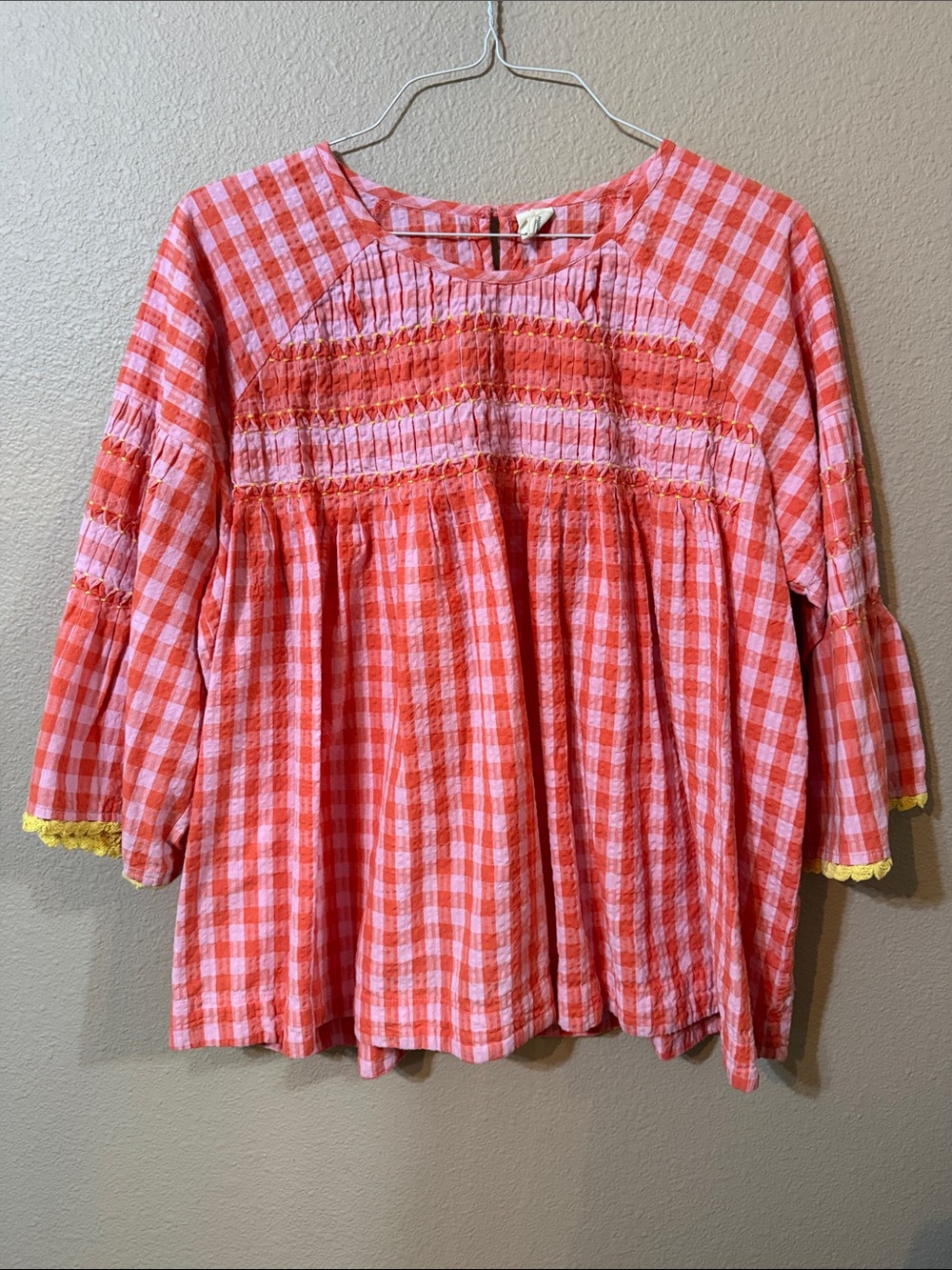 ivy jane Coral and Pink Gingham Smocked Tunic with Yellow Trim